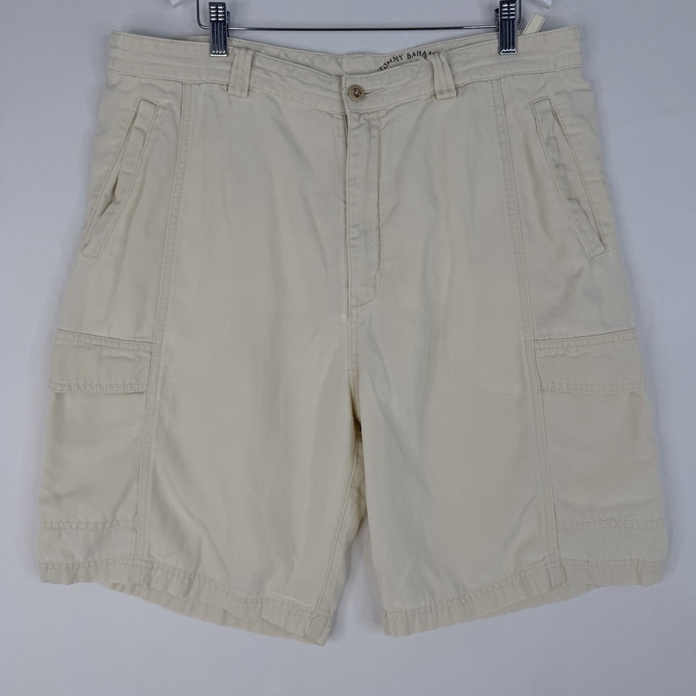 Tommy Bahama Cargo Shorts Mens 36X10 Beige Lyocell Cotton Canvas Pockets‎